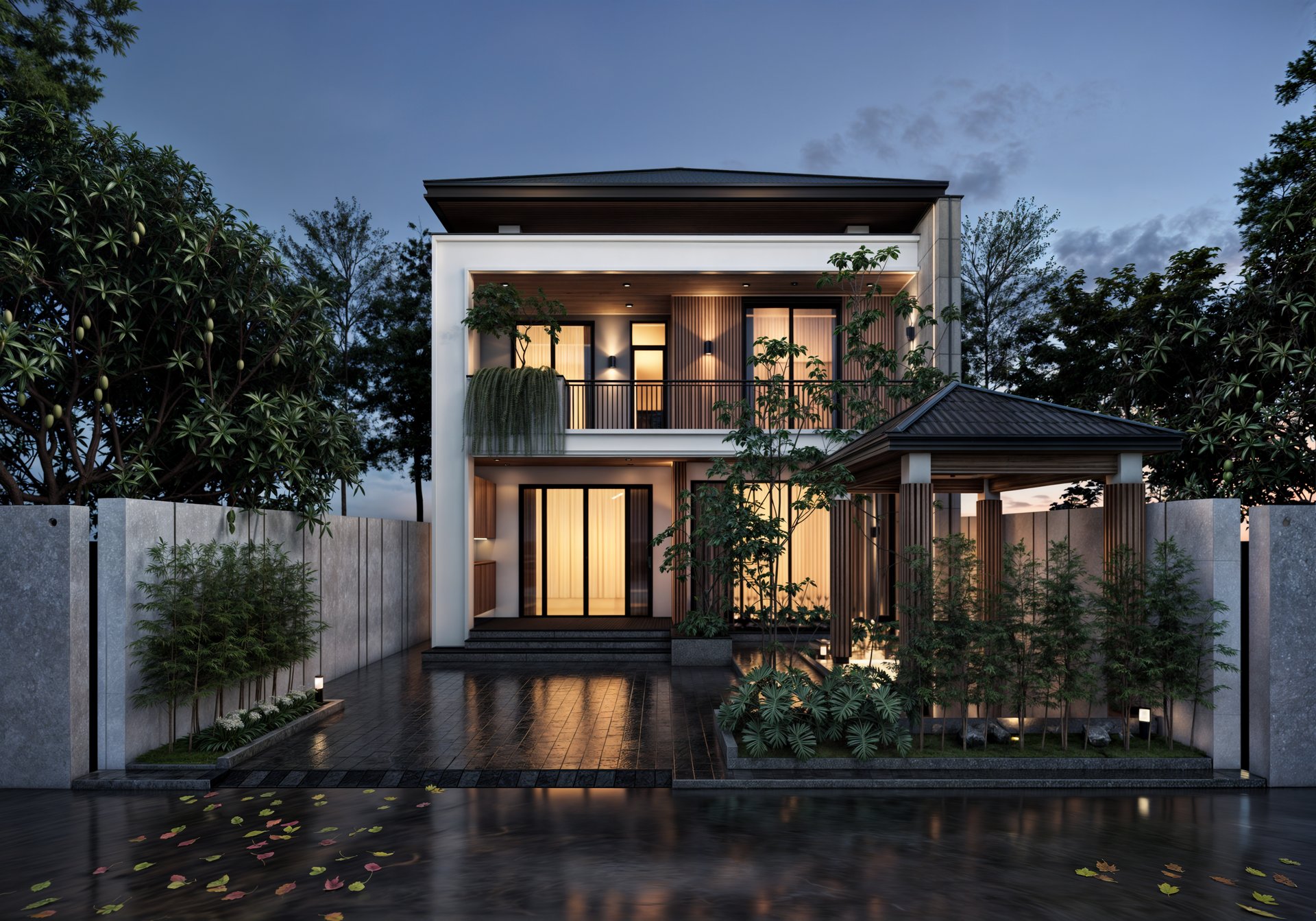 D House, Hạ Long 4 Mặt tiền nhà 2 tầng mái ngói kiểu Nhật nhìn thẳng từ đường về đêm – D House, Hạ Long