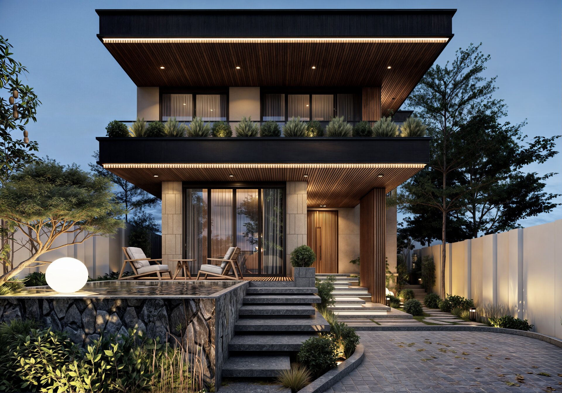 G House, Sóc Sơn 3 Phối cảnh mặt tiền G House buổi hoàng hôn, thiết kế biệt thự sân vườn Sóc Sơn