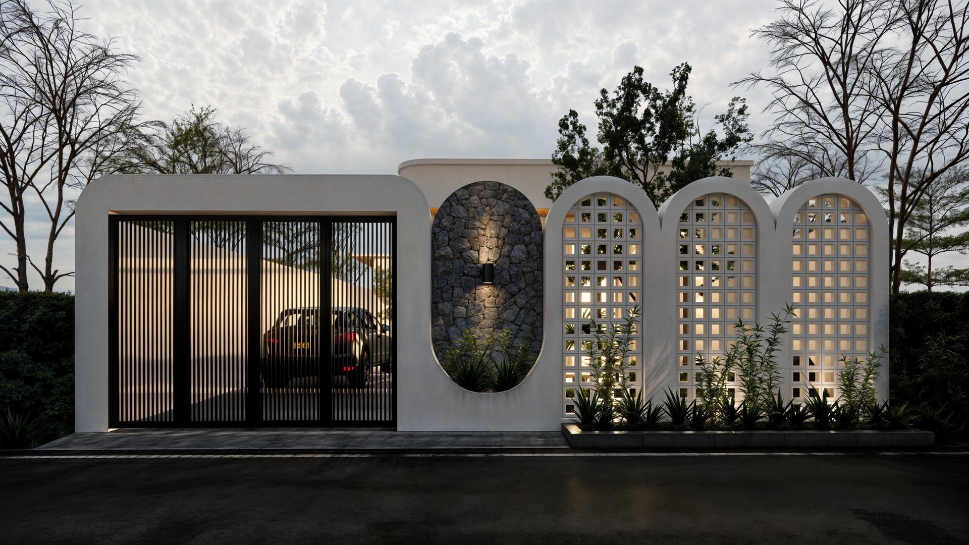 L House, Sóc Sơn 1 thiết kế nhà vườn 1 tầng Sóc Sơn - mặt tiền cổng và tường hoa gió vòm cuốn của L House