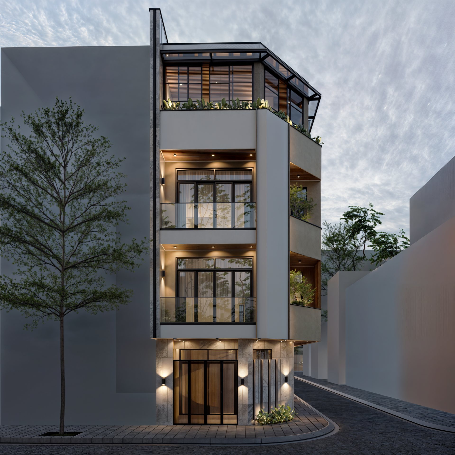 V House, Hạ Long 2 thiết kế nhà phố lô góc Hạ Long - phối cảnh mặt tiền V House nhìn từ đường quy hoạch lúc hoàng hôn